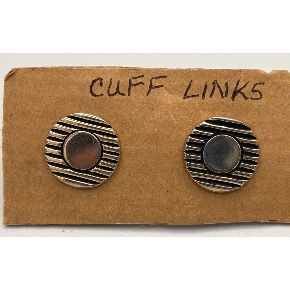 Vintage Silver-Tone Brass Round Cufflinks With Striped Design